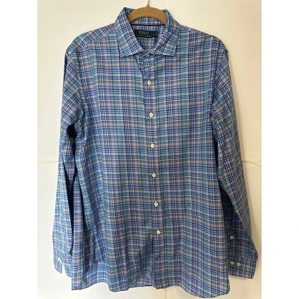 Polo Ralph Lauren Plaid Dress Shirt Button Down Long Sleeve Blue Large